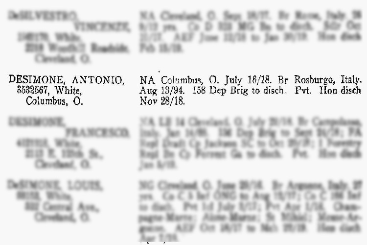 Details on Antonio De Simone's World War One service, 1918. (Source: archive.org)