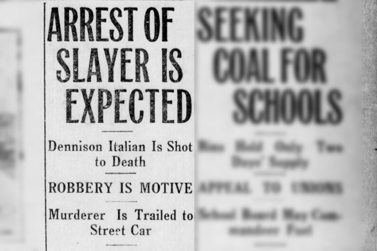 New Philadelphia, Ohio newspaper headline on the murder of Antonio De Simone, November 1919. (Source: newspapers.com)