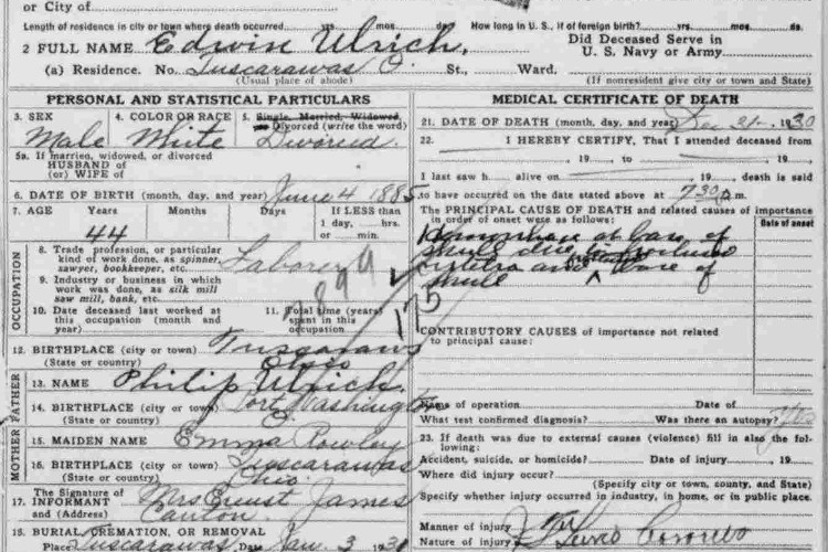 Detail from Edwin Ulrich's death certificate, December 1930. (Source: familysearch.org)