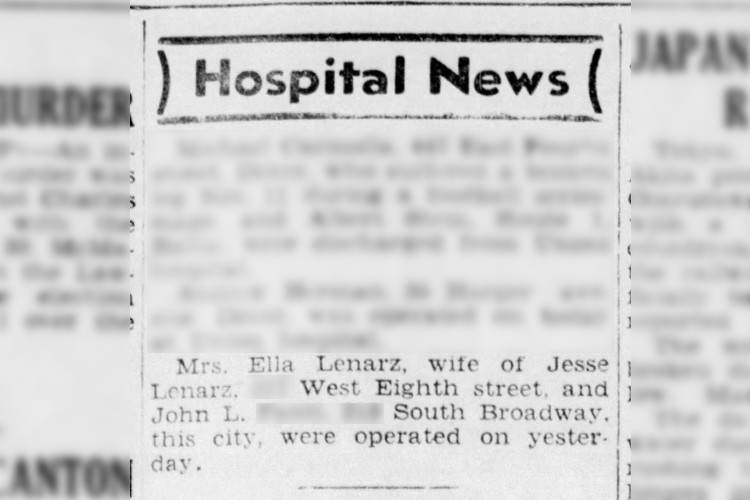 Ella Lenarz's visit to Union Hospital reported in the New Philadelphia, Ohio newspaper, November 1936. (Source: newspapers.com)