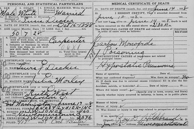 Detail from Harvey Decker's death certificate, June 1938. (Source: familysearch.org)