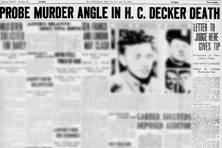 New Philadelphia, Ohio newspaper article on the murder investigation of Harvey Decker's death, June 1938. (Source: newspaperarchive.com)