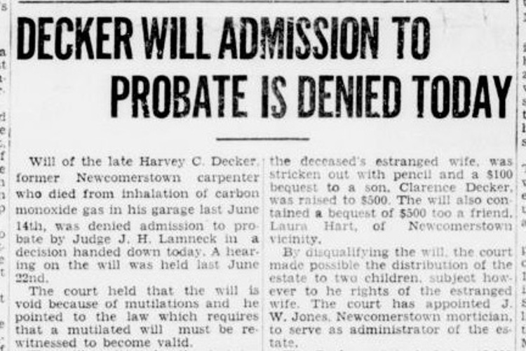New Philadelphia, Ohio newspaper account of the rejection of Harvey Decker's alleged will, July 1938. (Source: newspaperarchive.com)