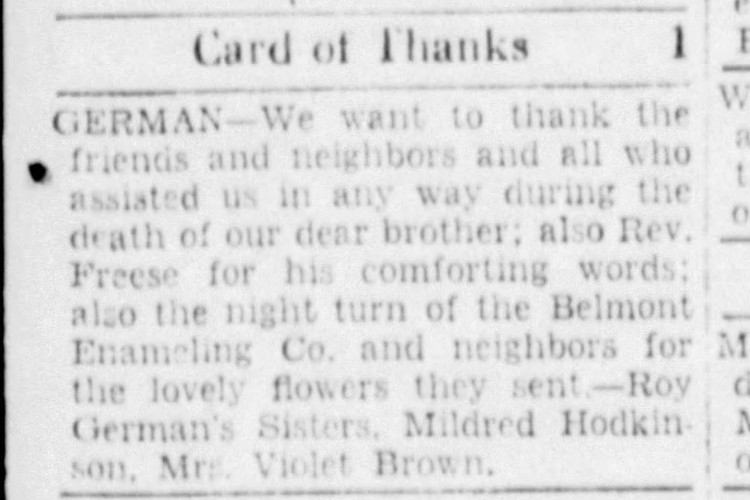 Announcement from Roy German's family that appeared in the New Philadelphia, Ohio newspaper, October 1939. (Source: newspapers.com)