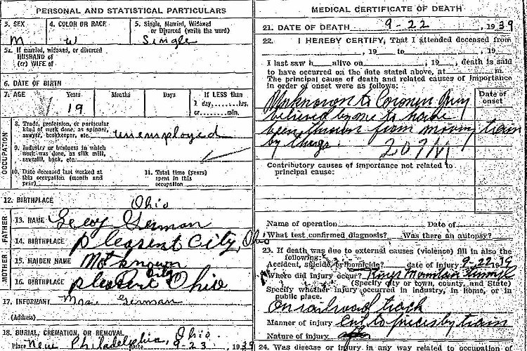 Detail from Roy German's death certificate, September 1939. (Source: familysearch.org)