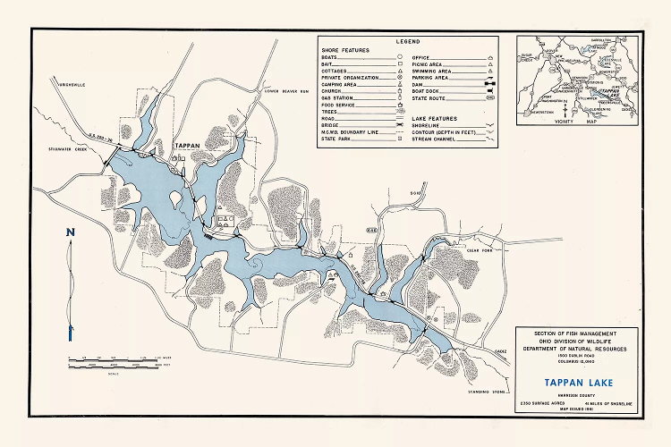 1961 map showing Tappan Lake area that was most affected by the tornado of April 1940. (Source: eBay.com)