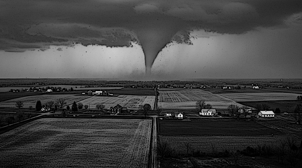 AI generated image depicting a tornado moving across a rural Ohio countryside in April 1940. 2025. (Source: ImageFX)
