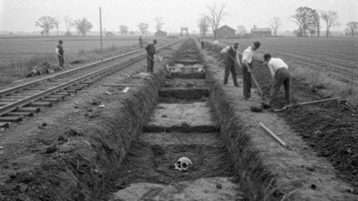 AI generated image depicting workmen on the B&O Railroad uncovering a skull on a farm outside New Philadelphia, Ohio in 1903. (Source: ImageFX)