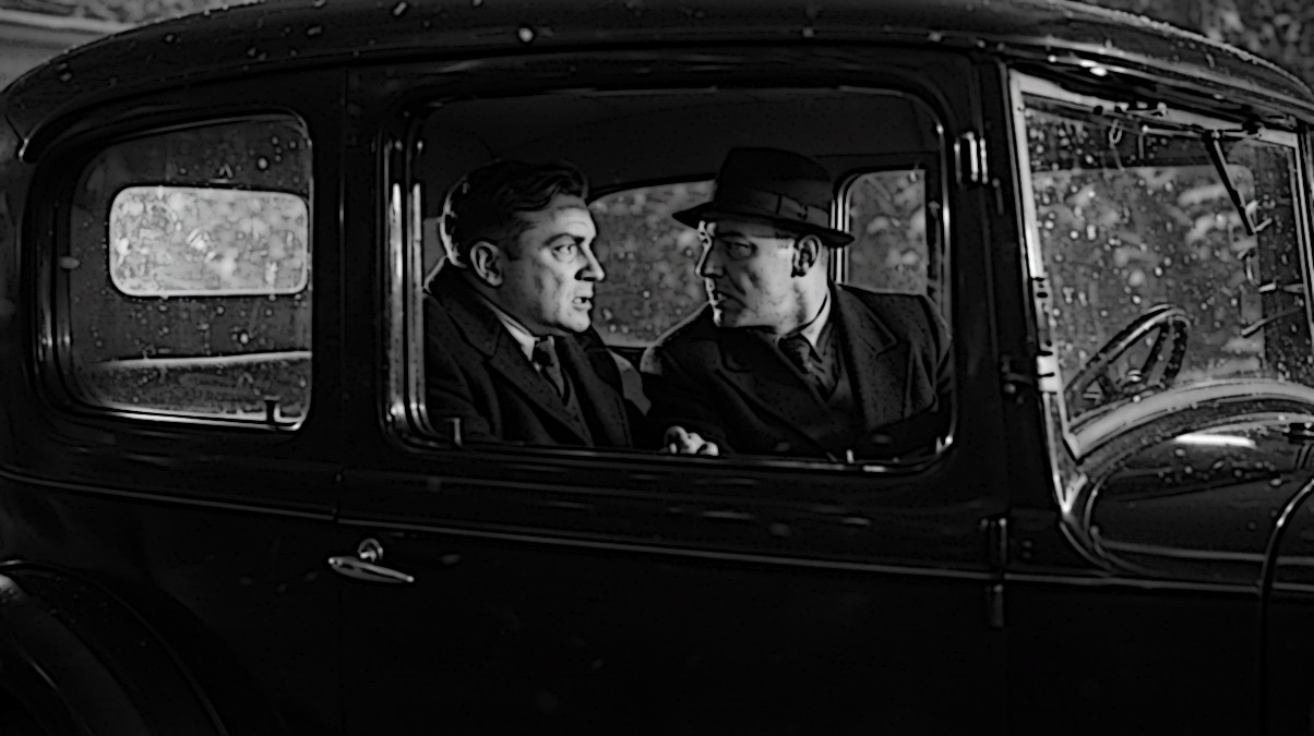 AI generated image of two men arguing in a car in 1930. (Source: ImageFX)