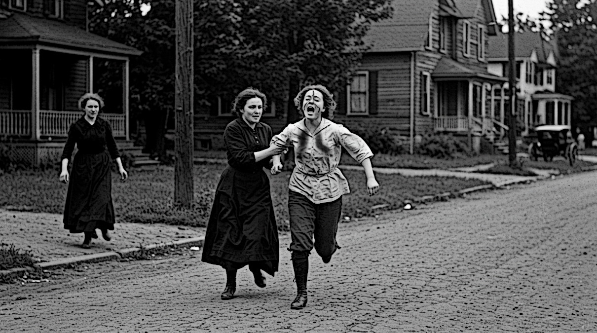 AI generated image depicting Maud Shaffer running down West St. Clair after being attacked by Harvey Colvin, 2025. (Source: ImageFX)