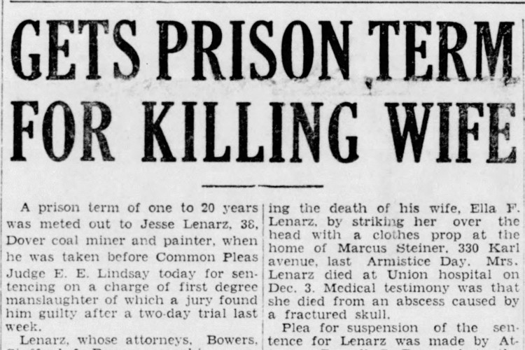 New Philadelphia, Ohio newspaper headline reporting the sentencing of Jesse Lenarz, March 1936. (Source: newspapers.com)