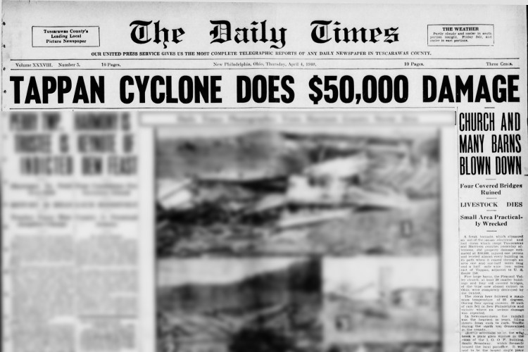 Front page of the New Philadelphia, Ohio newspaper reporting on the Tappan tornado, April 1940. (Source: newspapers.com)