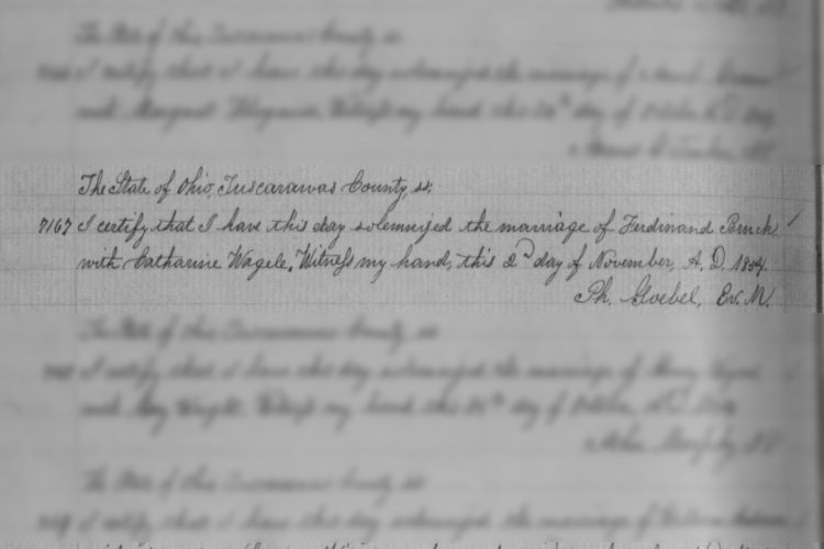Marriage of Ferdinand Bruck and Catherine Wegele recorded in the Tuscarawas County records, November 1854. (Source: familysearch.org)