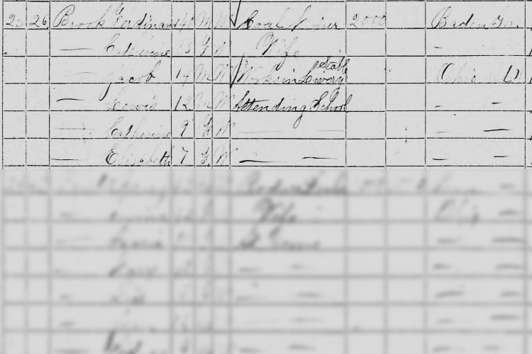 The Bruck family recorded on the 1870 census for Dover, Ohio. (Source: familysearch.org)