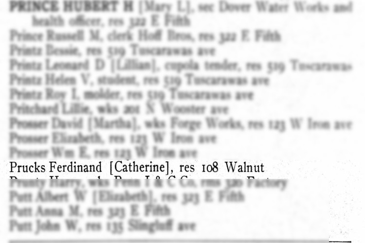 The Bruck family (misspelled) listed in the 1903 Directory for Dover, Ohio. (Source: ancestry.com)