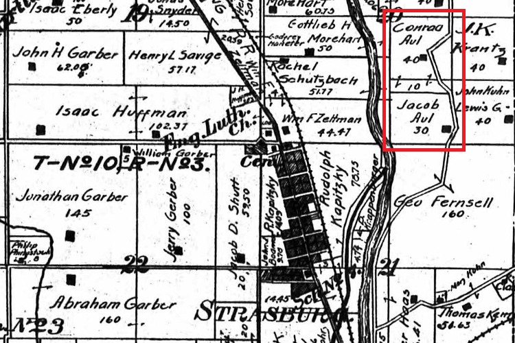 The Aul family properties noted on the 1908 Atlas of Tuscarawas County, Franklin Township. (Source: ancestry.com)