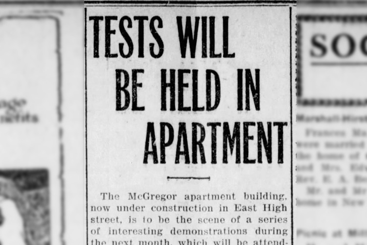 New Philadelphia, Ohio newspaper headline for an article on the Schuster System being used at the McGregor Apartment Building, June 1919. (Source: newspapers.com)