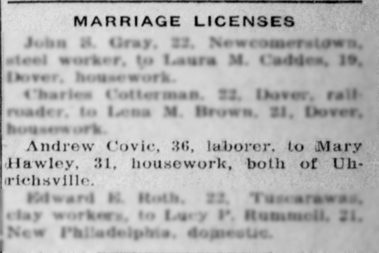 Andrew Covic and Mary Hawley marriage reported in the New Philadelphia, Ohio newspaper, April 1920. (Source: newspapers.com)