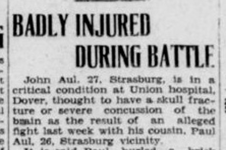 New Philadelphia, Ohio newspaper article reporting the injury to John Aul, April 1930. (Source: newspaperarchive.com)