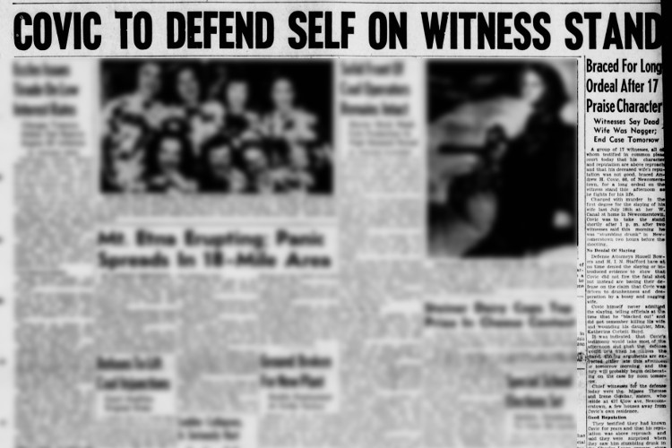 New Philadelphia, Ohio newspaper headline and story on the trial of Andrew Covic, December 1949. (Source: newspapers.com)
