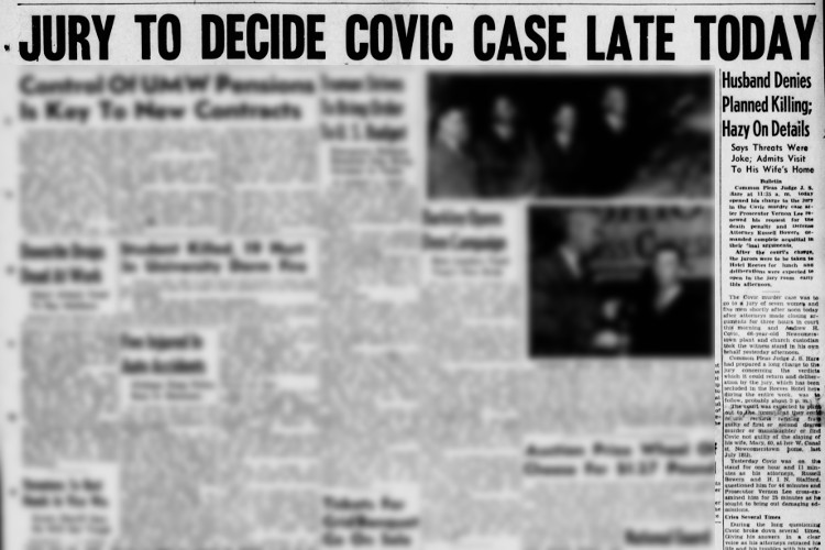New Philadelphia, Ohio newspaper headline and story on the trial of Andrew Covic, December 1949. (Source: newspapers.com)