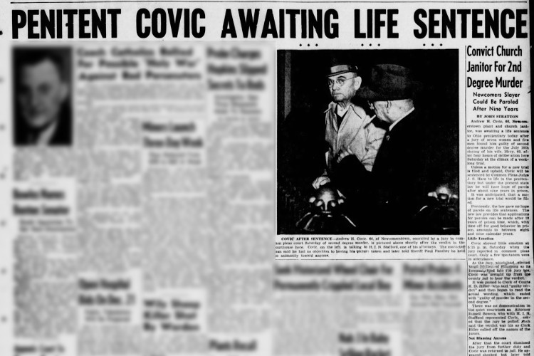 New Philadelphia, Ohio newspaper headline and story on the trial of Andrew Covic, December 1949. (Source: newspapers.com)
