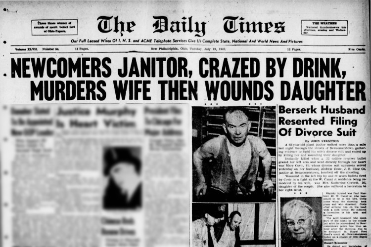 New Philadelphia, Ohio newspaper headline on the killing of Mary Covic, July 1949. (Source: newspapers.com)