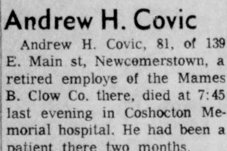 New Philadelphia, Ohio newspaper obituary for Andrew Covic, February 1966. (Source: newspapers.com)