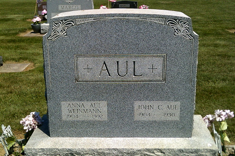 John Aul's headstone in Saint Aloysius Cemetery, Strasburg, Ohio, 2016. (Source: findagrave.com)