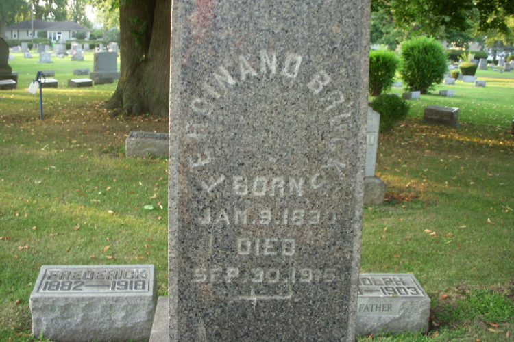 Ferdinand Brucks' headstone in Maple Grove Cemetery, Dover, Ohio, 2018. (Source: findagrave.com)
