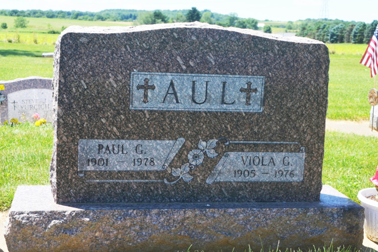 Paul Aul's headstone in Saint Aloysius Cemetery, Strasburg, Ohio, 2020. (Source: findagrave.com)