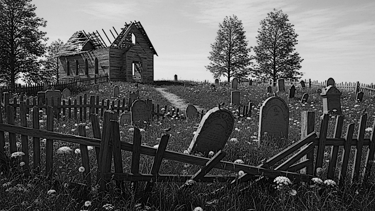 AI generated image of a ruined church and graveyard in 1904 Ohio. (Source: ImageFX)