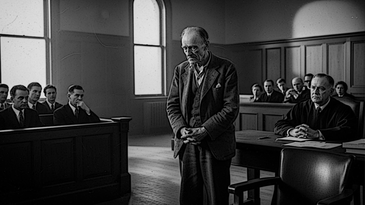 AI generated image depicting Andrew Covic hearing the verdict in his December 1949 trial, 2025. (Source: ImageFX)