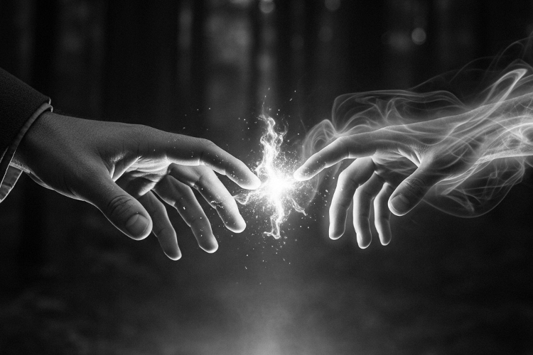 AI generated image of a man touching the hand of a ghost. (Source: ImageFX)