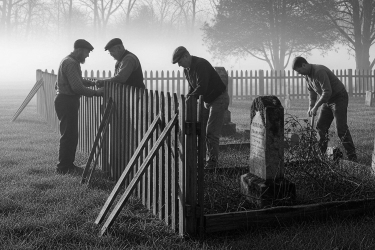 AI generated image showing men repairing the cemetery fence. (Source: ImageFX)