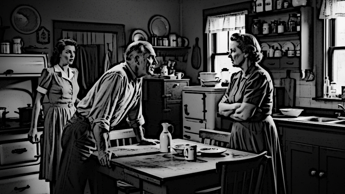 AI depiction of Andrew and Mary Covic arguing in their kitchen as their daughter watches, 2025. (Source: ImageFX)