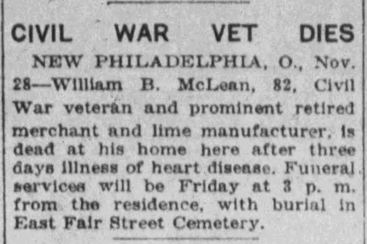 Cleveland, Ohio newspaper article on the death of William McLean, November 1922. (Source: newspapers.com)