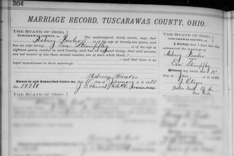 Marriage of Asbury Fowler and Eva Stemplfy recorded in the Tuscarawas County records, January 1892. (Source: familysearch.org)