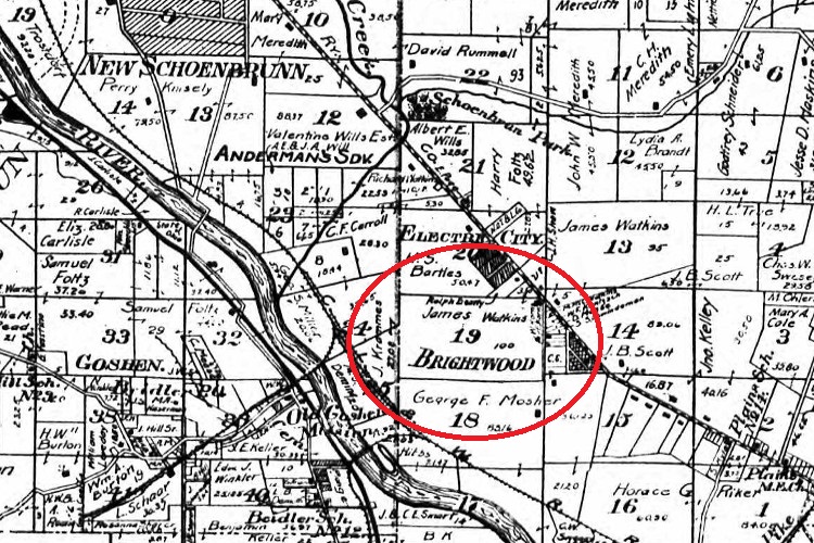 The Brightwood section of Goshen Township shown in the 1908 Atlas of Tuscarawas County. (Source: ancestry.com)