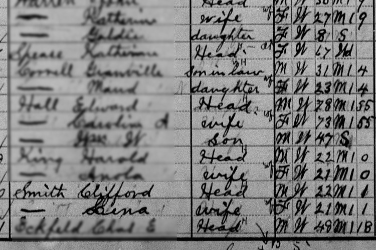 Clifford and Lena Smith recorded on the 1910 census in New Philadelphia, Tuscarawas County, Ohio. (Source: familysearch.org)