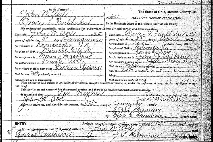 Marriage of John Abel and Grace Faulhaber recorded in the Tuscarawas County records, January 1912. (Source: familysearch.org)