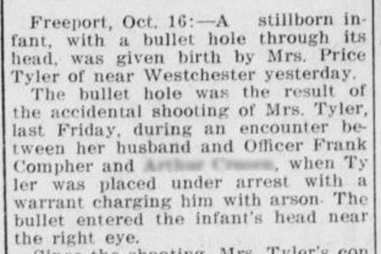 New Philadelphia, Ohio newspaper article on the birth of the Tyler's stillborn baby, October 1912. (Source: newspapers.com)