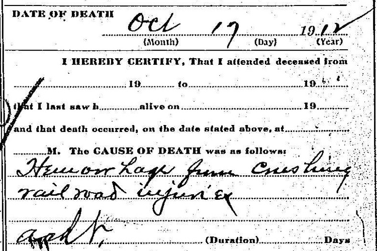 The cause of death reported on all of the victims' death certificates, October 1912. (Source; familysearch.org)
