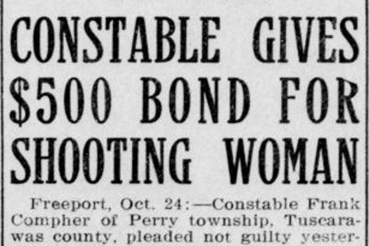 New Philadelphia, Ohio newspaper article on arrest of Constable Compher for shooting Ella Tyler, October 1912. (Source: newspapers.com)