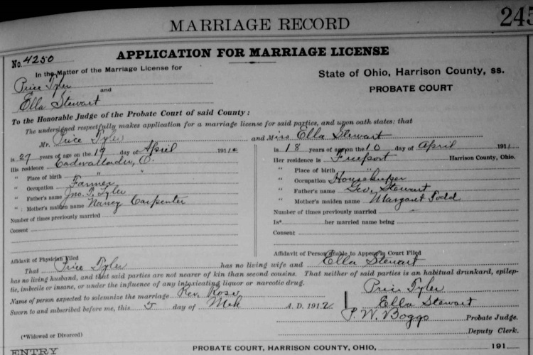Marriage of Price Tyler and Ella Stewart recorded Harrison County, Ohio records, March 1912. (Source: familysearch.org)