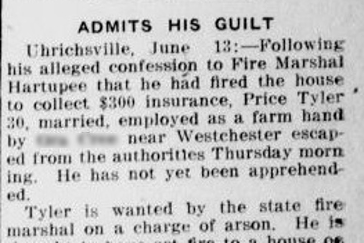 New Philadelphia, Ohio newspaper article on the arson committed by Price Tyler, June 1912. (Source: newspaperarchive.com)