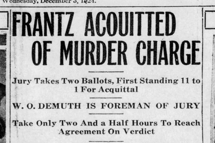 New Philadelphia, Ohio newspaper headline on the acquittal of Emmet Frantz, December 1924. (Source: newspapers.com)