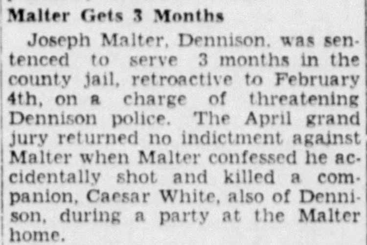 New Philadelphia, Ohio newspaper article on the sentencing of Joseph Malterer for threatening Dennison police officers, April 1933. (Source: newspapers.com)