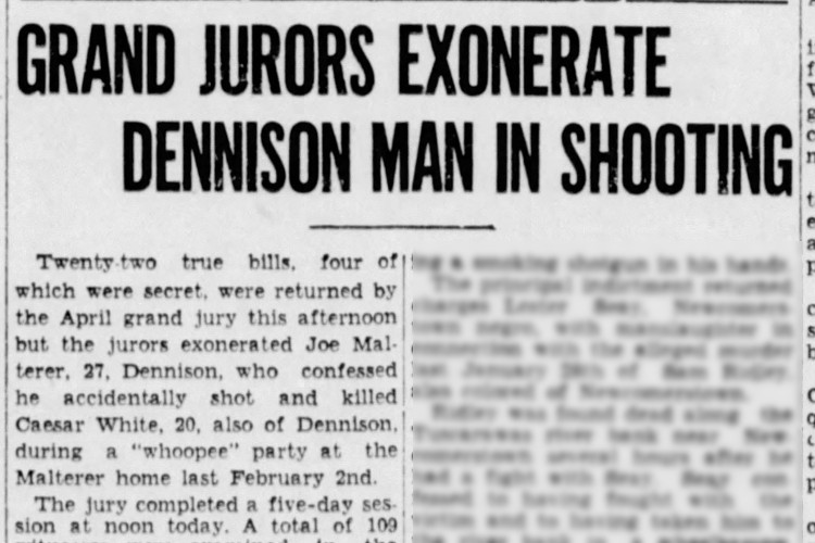 New Philadelphia, Ohio newspaper article on the grand jury refusing to indict Joseph Malterer for the killing of Caesar White, April 1933. (Source: newspapers.com)