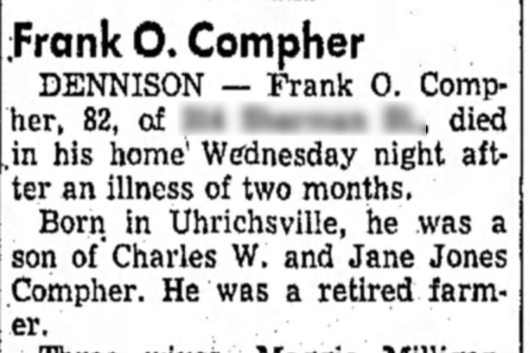 Detail from the New Philadelphia, Ohio obituary of Frank Compher, August 1957. (Source: newspapers.com)